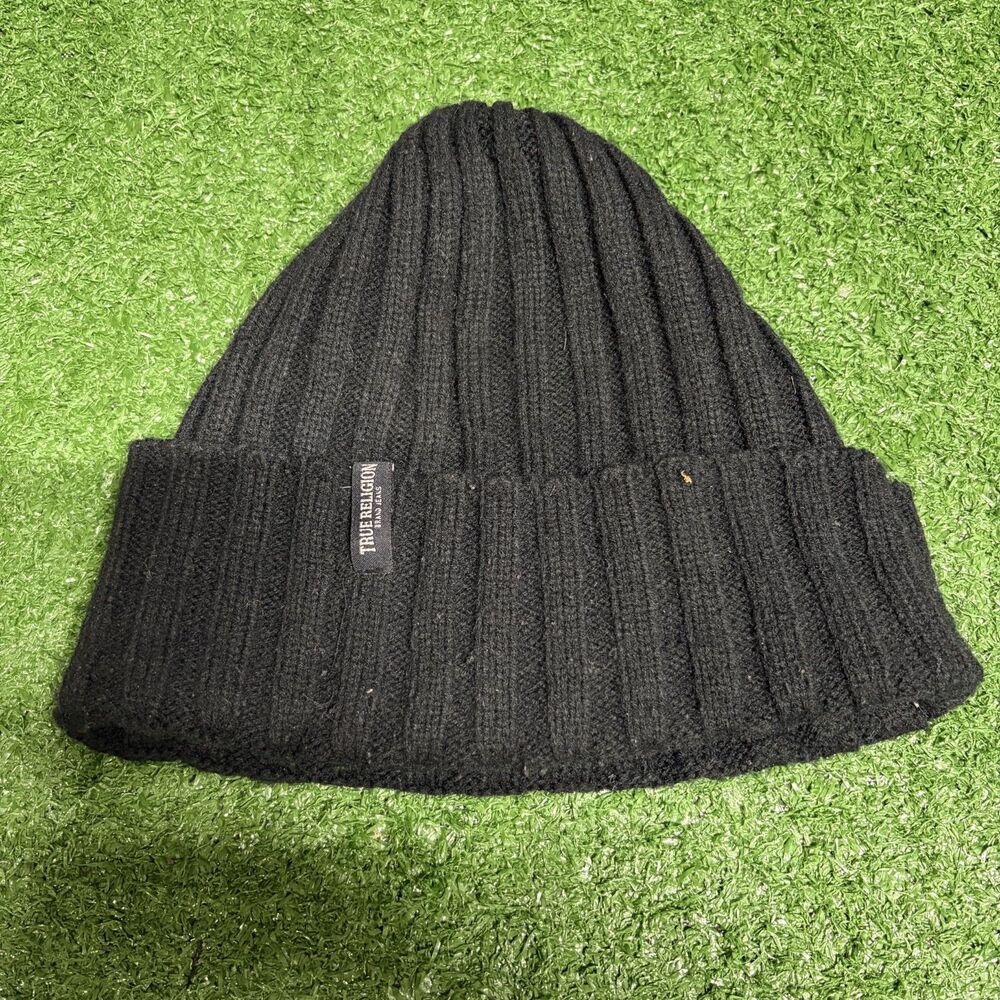 True Religion Men’s Black Beanie Knit Hat Streetwear Logo Winter Cap